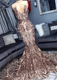 Halter Sequins Mermaid Prom Dress Sleeveless Long Party Gowns-misshow.com