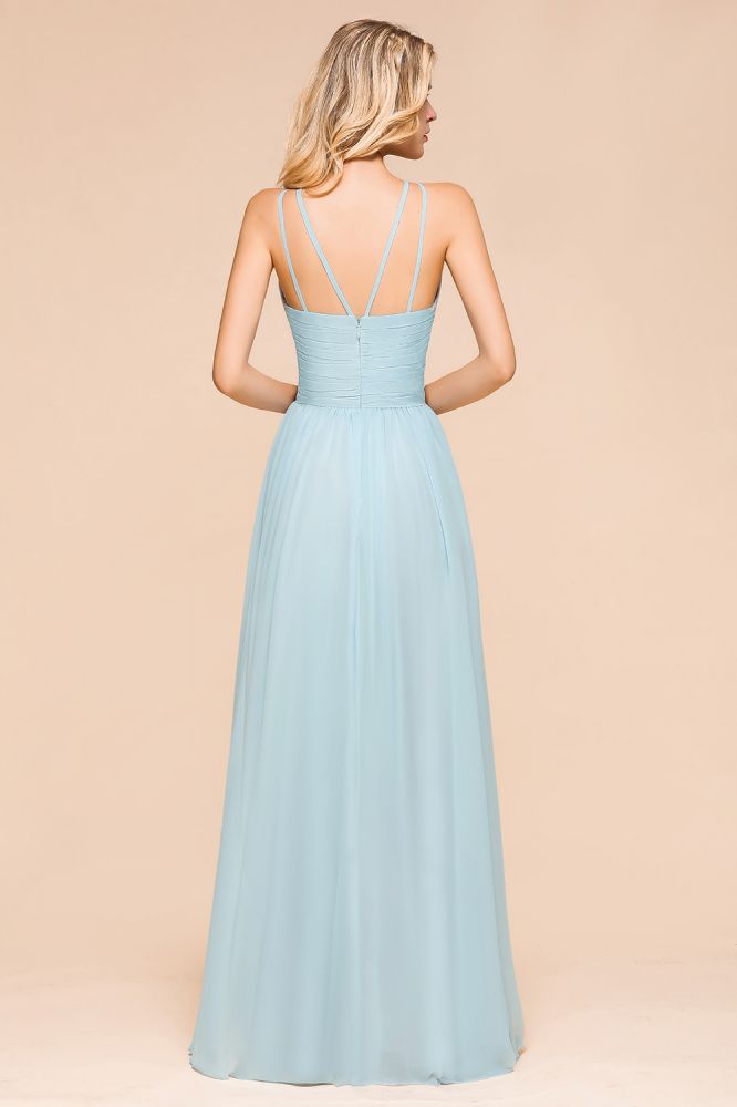 Halter Sky Blue Floor Length Bridesmaid Dress online Sleeveless A-line party Dress-misshow.com