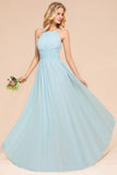 Halter Sky Blue Floor Length Bridesmaid Dress online Sleeveless A-line party Dress-misshow.com