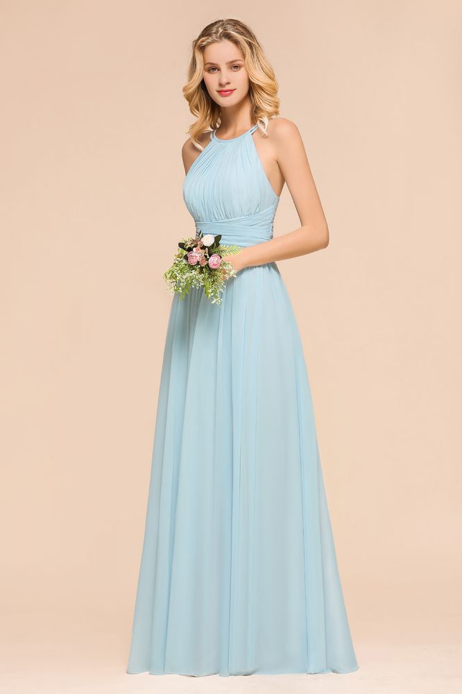 Halter Sky Blue Floor Length Bridesmaid Dress online Sleeveless A-line party Dress-misshow.com