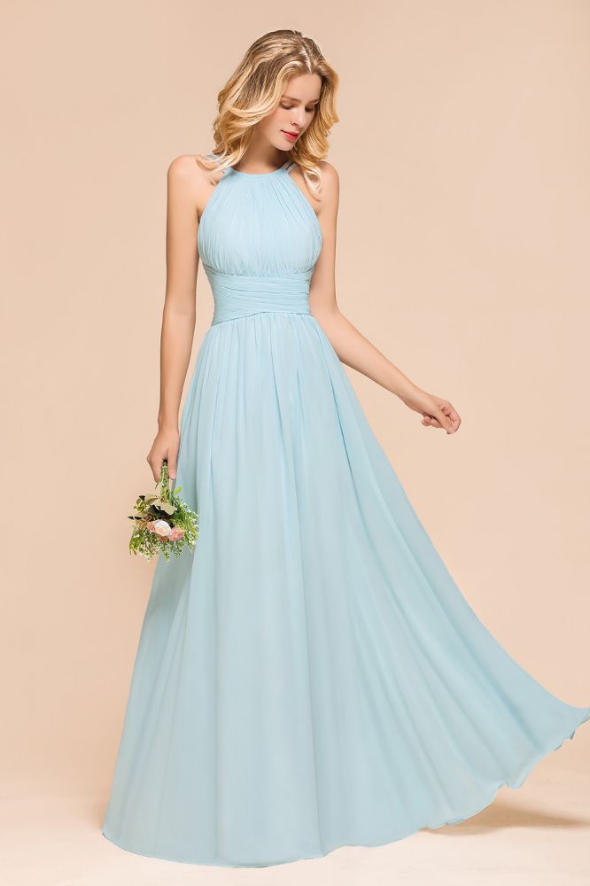 Halter Sky Blue Floor Length Bridesmaid Dress online Sleeveless A-line party Dress-misshow.com