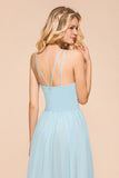 Halter Sky Blue Floor Length Bridesmaid Dress online Sleeveless A-line party Dress-misshow.com