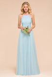 Halter Sky Blue Floor Length Bridesmaid Dress online Sleeveless A-line party Dress