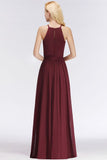 Looking for Bridesmaid Dresses in 100D Chiffon, A-line style, and Gorgeous Ruffles work  MISSHOW has all covered on this elegant Halter Sleeveless A-line Burgundy Ruffles Chiffon Bridesmaid Dresses