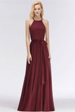 Looking for Bridesmaid Dresses in 100D Chiffon, A-line style, and Gorgeous Ruffles work  MISSHOW has all covered on this elegant Halter Sleeveless A-line Burgundy Ruffles Chiffon Bridesmaid Dresses