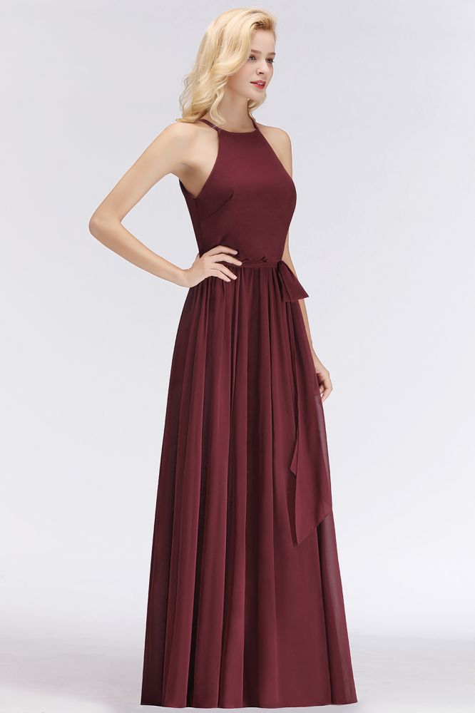 Looking for Bridesmaid Dresses in 100D Chiffon, A-line style, and Gorgeous Ruffles work  MISSHOW has all covered on this elegant Halter Sleeveless A-line Burgundy Ruffles Chiffon Bridesmaid Dresses
