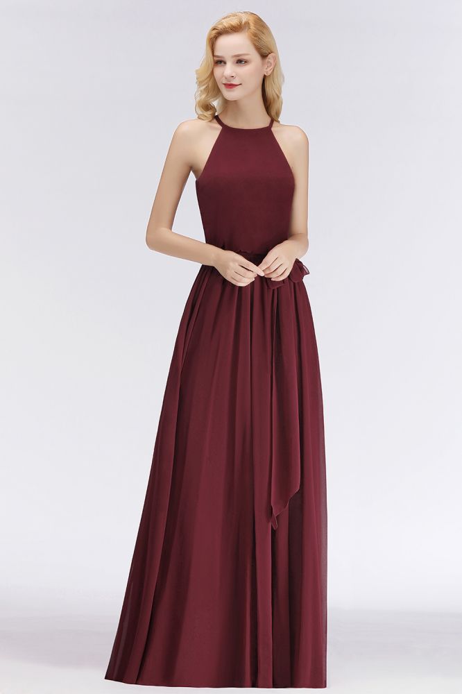 Looking for Bridesmaid Dresses in 100D Chiffon, A-line style, and Gorgeous Ruffles work  MISSHOW has all covered on this elegant Halter Sleeveless A-line Burgundy Ruffles Chiffon Bridesmaid Dresses