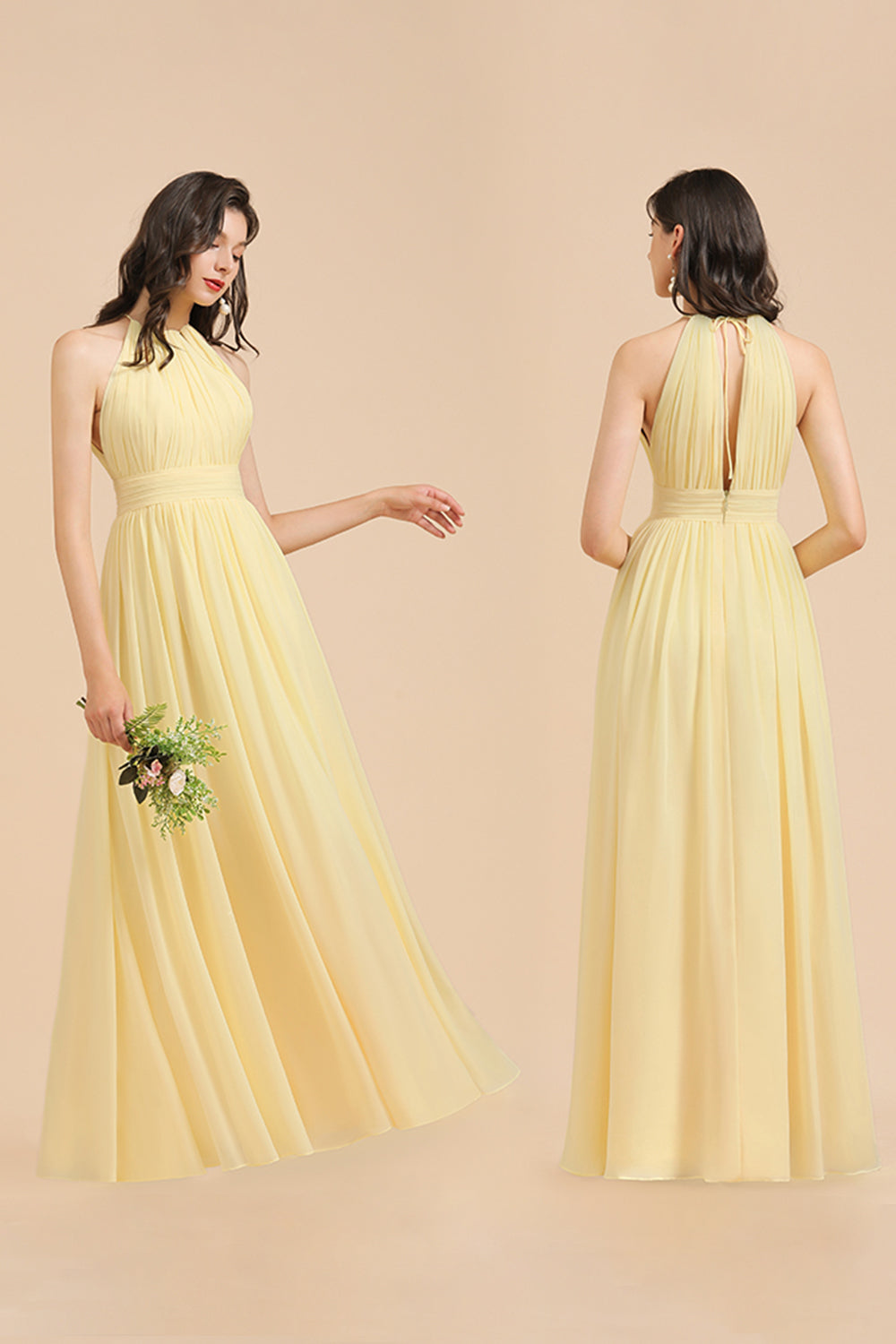 Halter Sleeveless Daffodil Chiffon Bridesmaid Dress with Ruffles-misshow.com