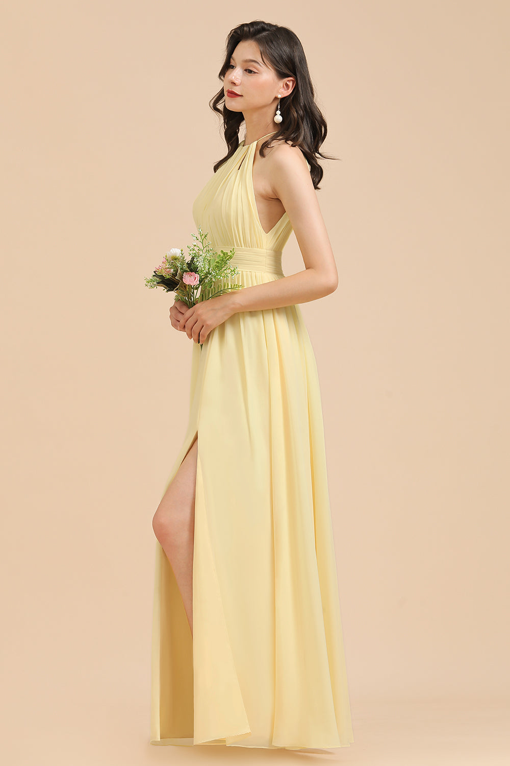 Halter Sleeveless Daffodil Chiffon Bridesmaid Dress with Ruffles-misshow.com