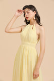 Halter Sleeveless Daffodil Chiffon Bridesmaid Dress with Ruffles-misshow.com