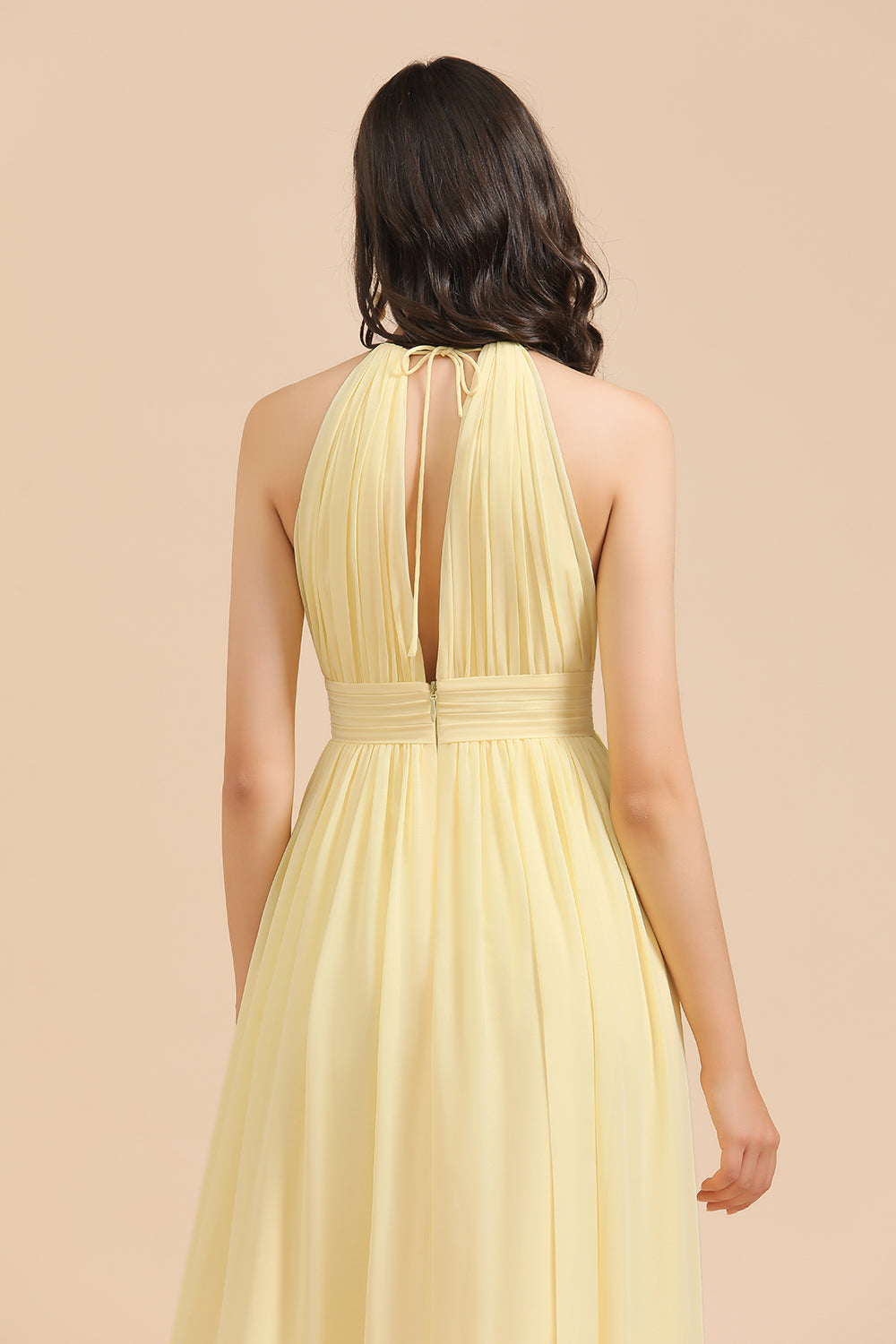Halter Sleeveless Daffodil Chiffon Bridesmaid Dress with Ruffles-misshow.com