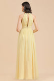 Halter Sleeveless Daffodil Chiffon Bridesmaid Dress with Ruffles-misshow.com
