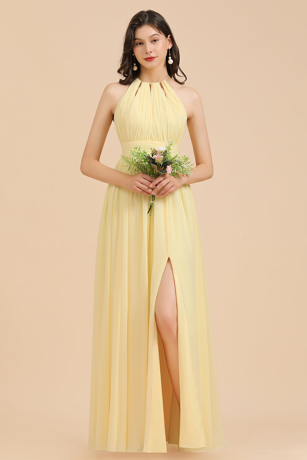 Halter Sleeveless Daffodil Chiffon Bridesmaid Dress with Ruffles-misshow.com