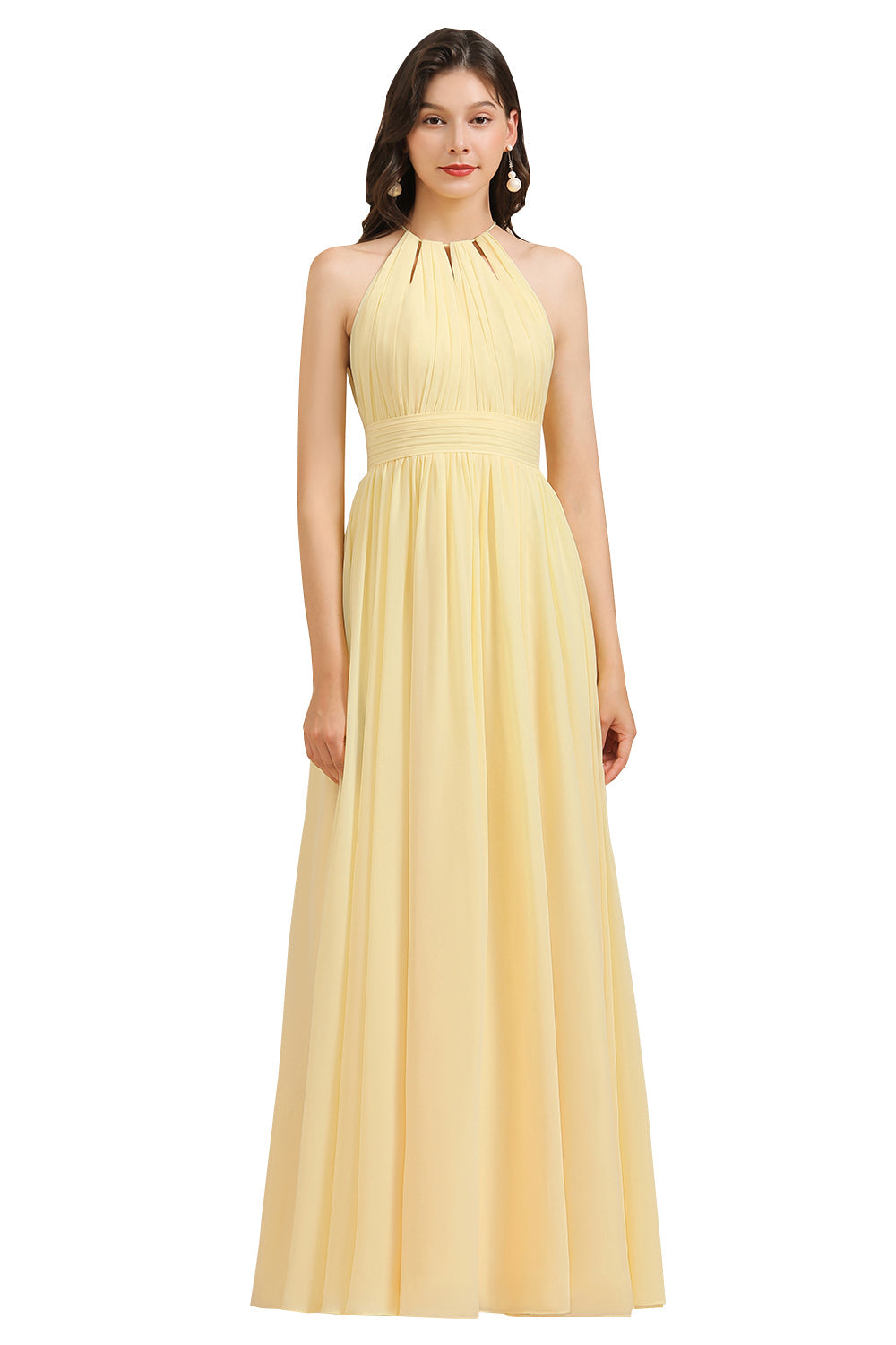 Halter Sleeveless Daffodil Chiffon Bridesmaid Dress with Ruffles-misshow.com
