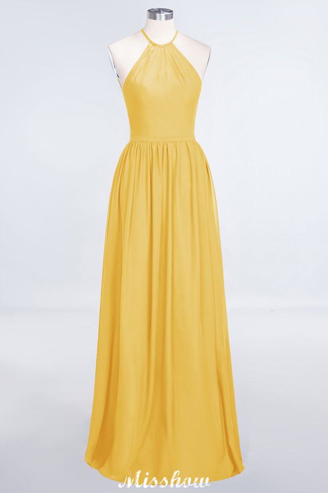 Halter Sleeveless Floor-Length Bridesmaid Dress with Ruffles | MISSHOW Halter Sleeveless Floor-Length Bridesmaid Dress with Ruffles | MISSHOW
