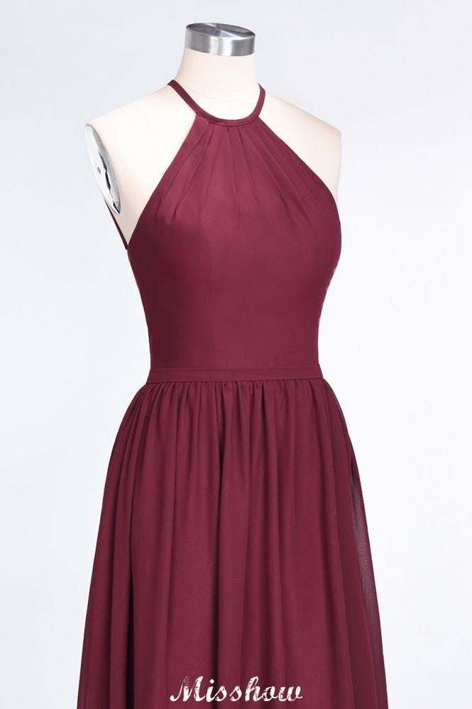 MISSHOW offers Halter Sleeveless Floor-Length Bridesmaid Dress with Ruffles at a good price from 100D Chiffon to A-line Floor-length them. Lightweight yet affordable home,beach,swimming useBridesmaid Dresses.