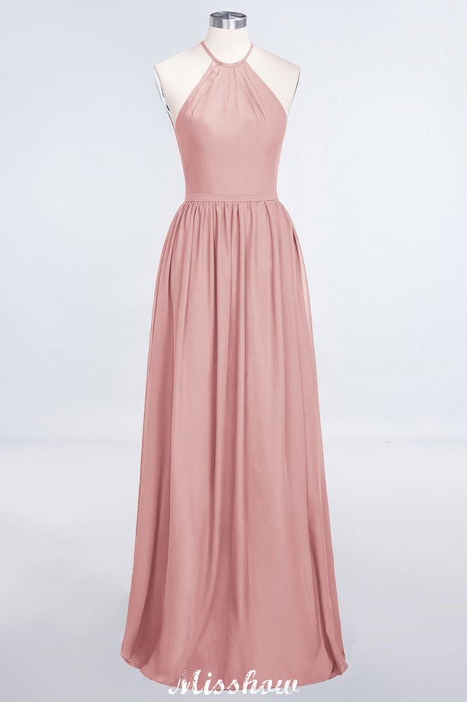 MISSHOW offers Halter Sleeveless Floor-Length Bridesmaid Dress with Ruffles at a good price from 100D Chiffon to A-line Floor-length them. Lightweight yet affordable home,beach,swimming useBridesmaid Dresses.