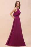 Halter Sleeveless Purple Bridesmaid Dress with Side Pockets-misshow.com