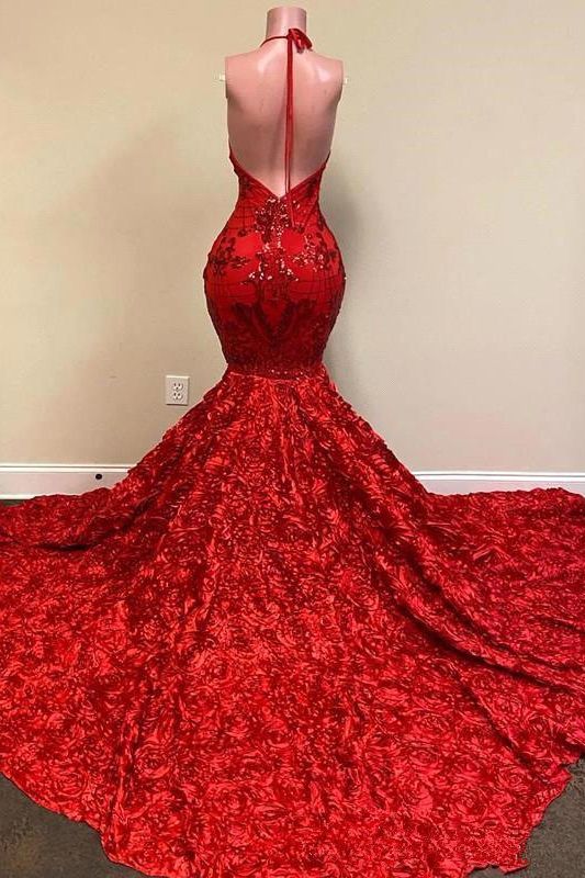 Halter Spaghetti Strapes Glitter Floral Lace Mermaid Prom Evening Dresses-misshow.com