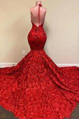 Halter Spaghetti Strapes Glitter Floral Lace Mermaid Prom Evening Dresses-misshow.com