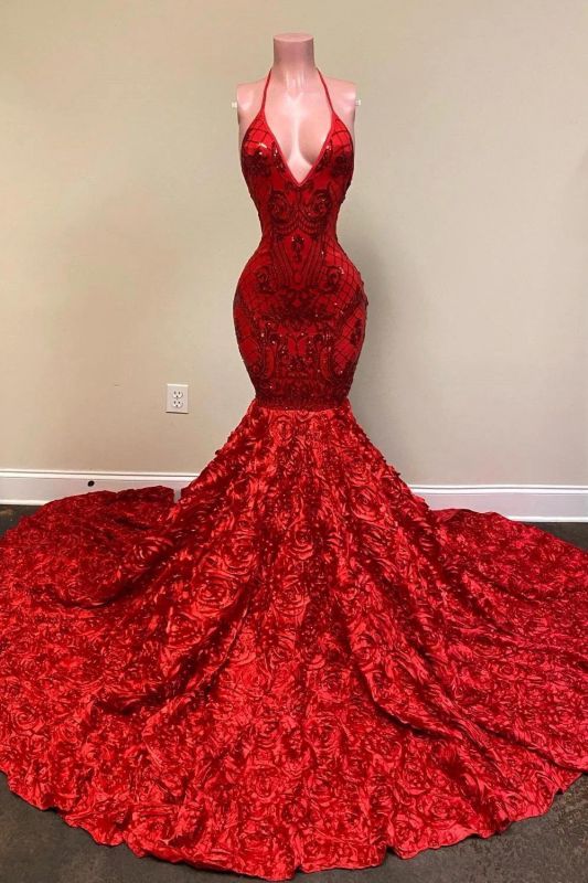 Halter Spaghetti Strapes Glitter Floral Lace Mermaid Prom Evening Dresses-misshow.com