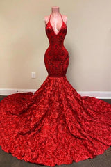 Halter Spaghetti Strapes Glitter Floral Lace Mermaid Prom Evening Dresses-misshow.com