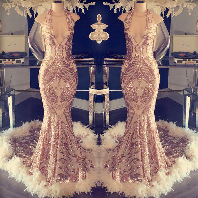 Halter V-neck Sequined Appliques Prom Dress with Feather-misshow.com