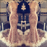 Halter V-neck Sequined Appliques Prom Dress with Feather-misshow.com