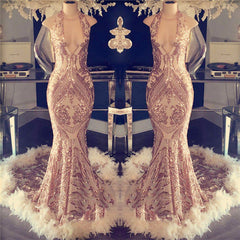 Halter V-neck Sequined Appliques Prom Dress with Feather-misshow.com