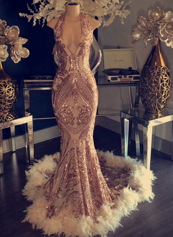 Halter V-neck Sequined Appliques Prom Dress with Feather-misshow.com