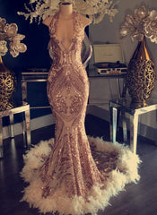 Halter V-neck Sequined Appliques Prom Dress with Feather-misshow.com