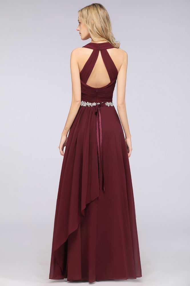 Halter V-Neck Sleeveless Ruffle Bridesmaid Dress with Appliques Sashes Evening Swing Dress | MISSHOW Halter V-Neck Sleeveless Ruffle Bridesmaid Dress with Appliques Sashes Evening Swing Dress | MISSHOW