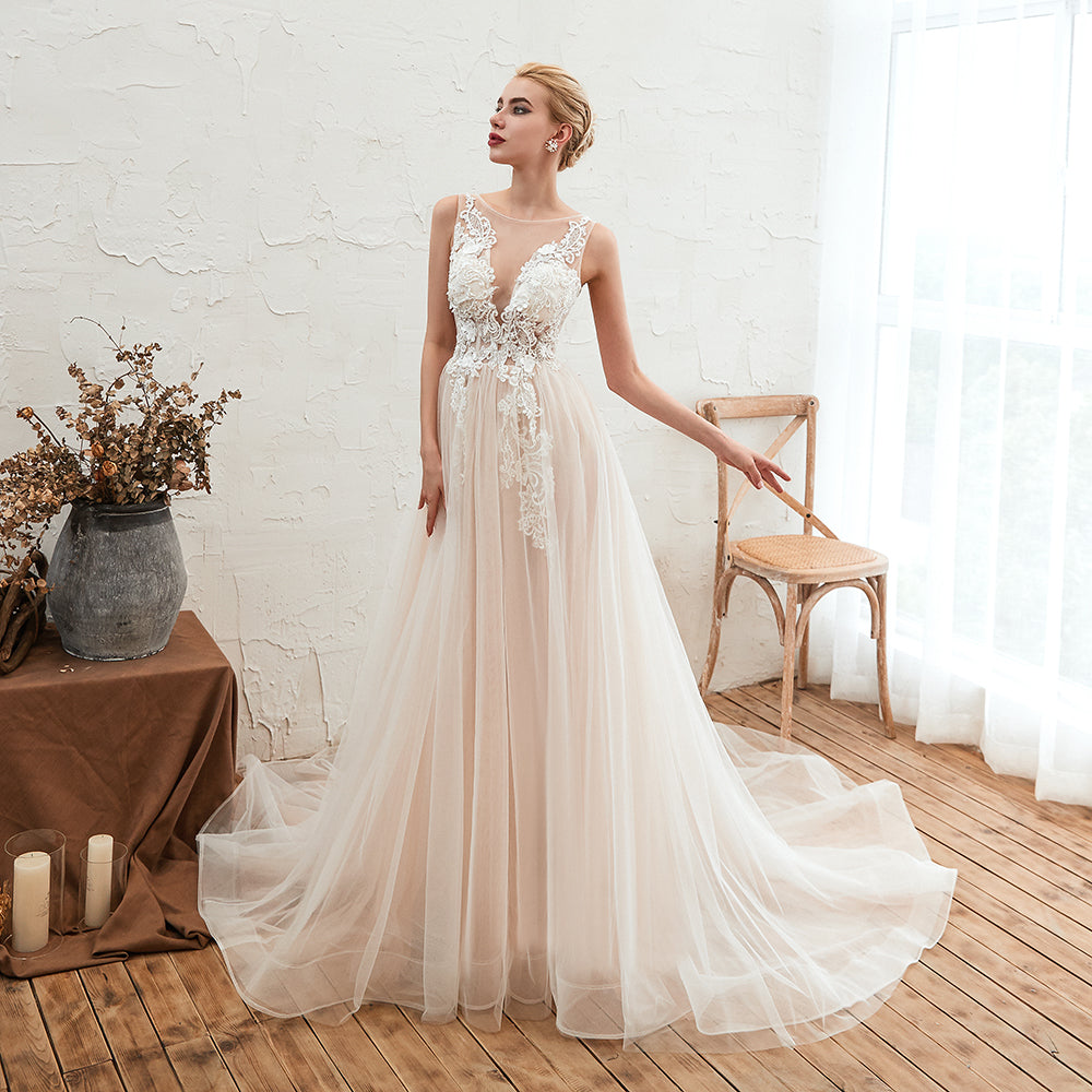 MISSHOW offers Illusion Neck Champagne Wedding Dress Sleeveless Summer Bridal Gown at a good price from White,Ivory,Tulle to A-line,Ball Gown Floor-length them. Stunning yet affordable Sleeveless .