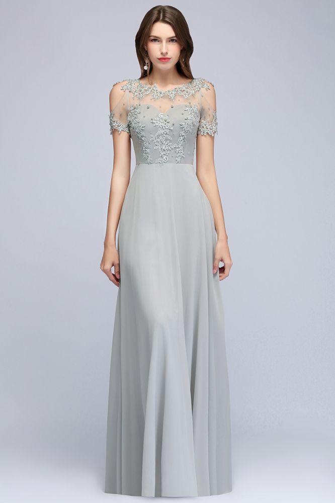 Looking for Prom Dresses in 100D Chiffon, A-line style, and Gorgeous Appliques work  MISSHOW has all covered on this elegant Illusion Neckline Long Appliques Chiffon Prom Dresses