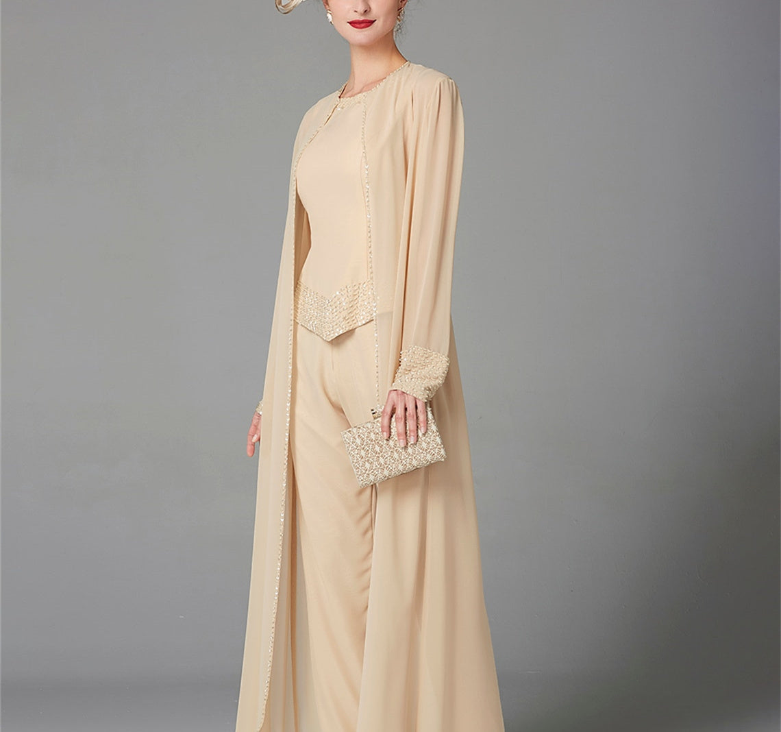 Chiffon Long Sleeves Mother Of The Bride Pantsuits With Jacket Sequins