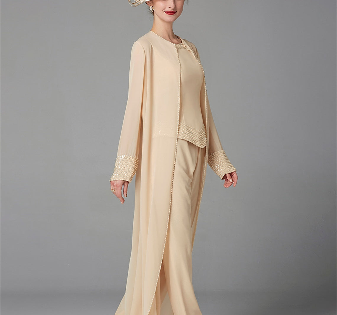 Chiffon Long Sleeves Mother Of The Bride Pantsuits With Jacket Sequins