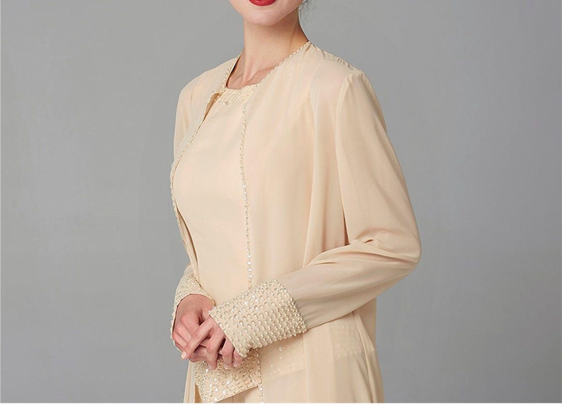 Chiffon Long Sleeves Mother Of The Bride Pantsuits With Jacket Sequins