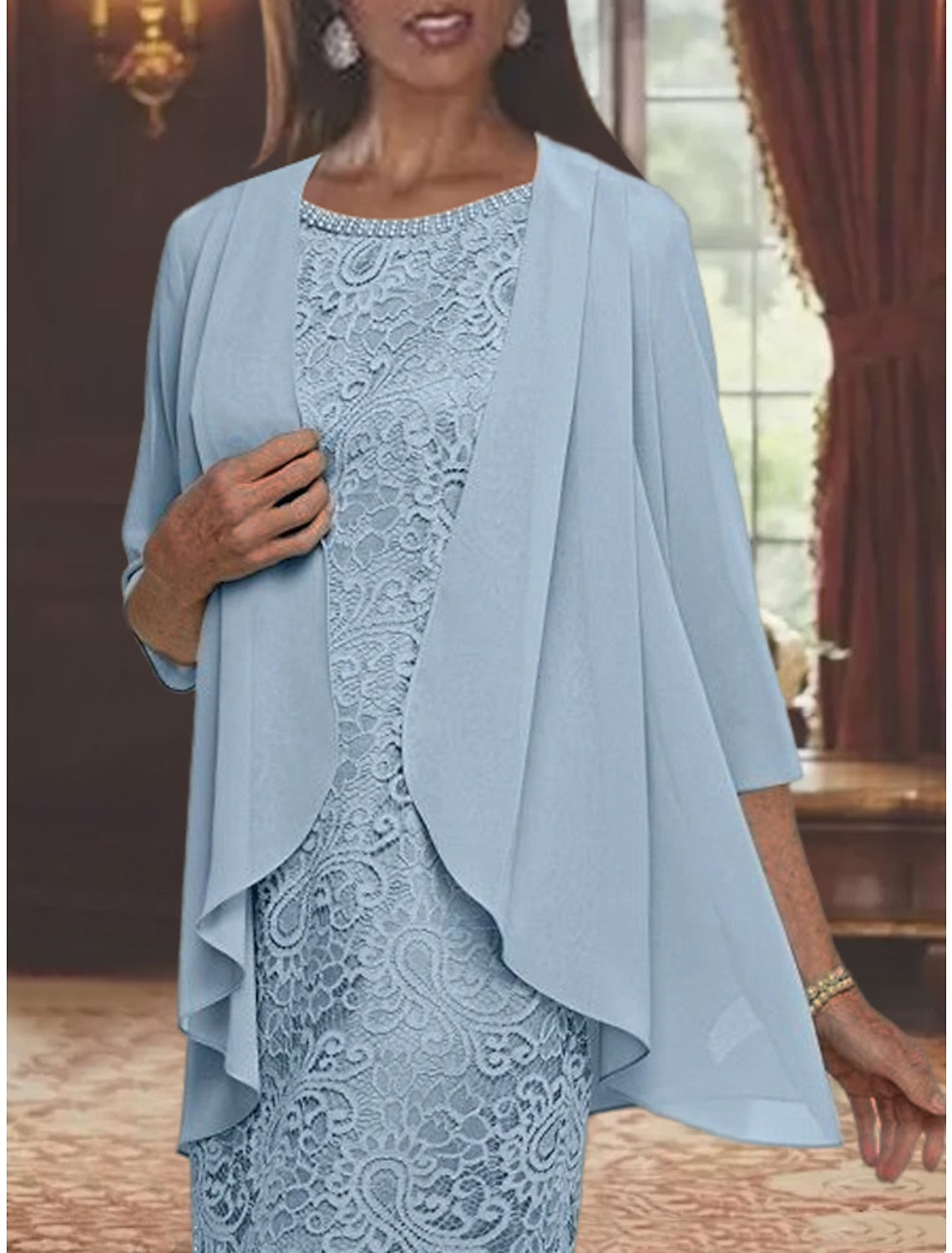 Sheath Column Jewel Neck Tea Length Mother Of The Bride Dresses