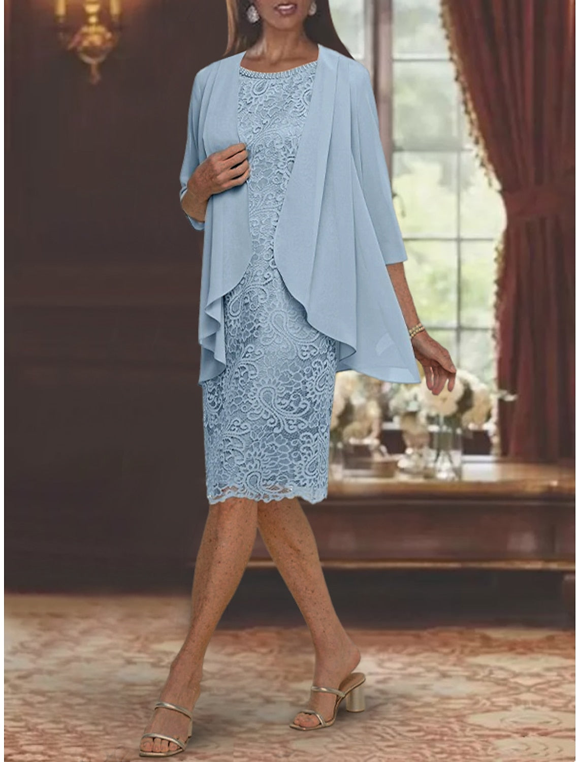 Sheath Column Jewel Neck Tea Length Mother Of The Bride Dresses