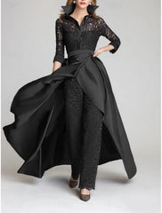 3 4 Sleeves 2 Pieces Mother Of The Bride Pantsuits Lace Shirt Collar Jumpsuit Ruched Detachable