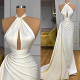 Ivory Halter Long Evening Prom Dress With Split Detachable Train-misshow.com