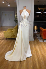 Ivory Halter Long Evening Prom Dress With Split Detachable Train-misshow.com
