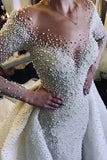 Ivory Long Sleeves Despatchable Train V-neck Button Wedding Dress with Fully coverd Pearls-misshow.com