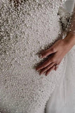 Ivory Long Sleeves Despatchable Train V-neck Button Wedding Dress with Fully coverd Pearls-misshow.com