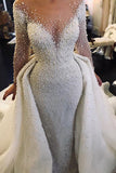 Ivory Long Sleeves Despatchable Train V-neck Button Wedding Dress with Fully coverd Pearls