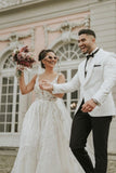 Ivory Sleeveless Straps A-Line Wedding Dress with Chapel Train-misshow.com