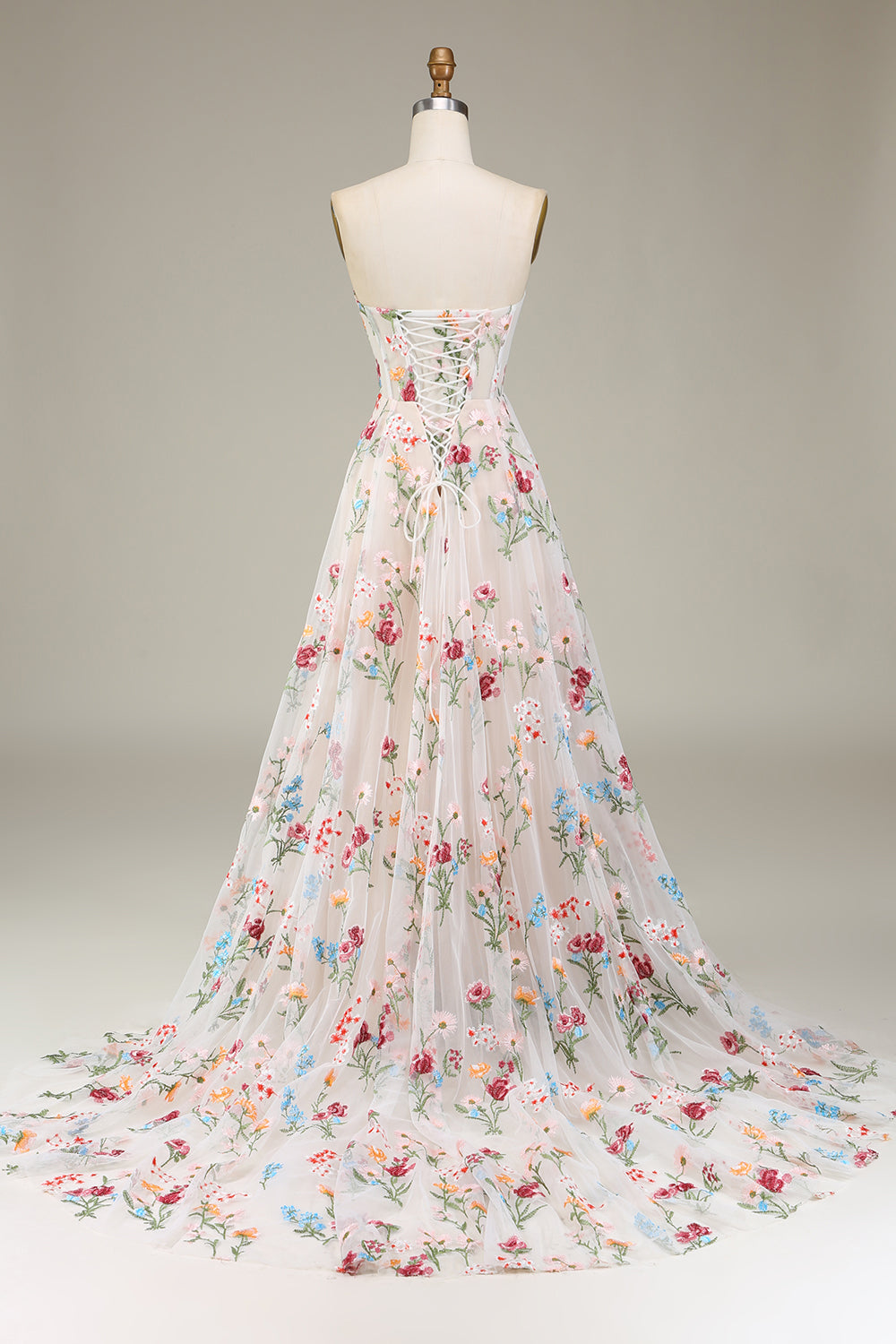 Ivory Sweetheart Tulle Embroidery A-Line Long Prom Dress with Sweep Train