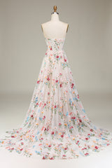 Ivory Sweetheart Tulle Embroidery A-Line Long Prom Dress with Sweep Train