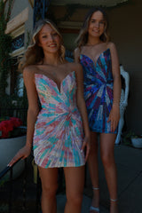 Strapless Multicolor Sequin Homecoming Dress Deep V Sweetheart Bodycon Mini Sunburst