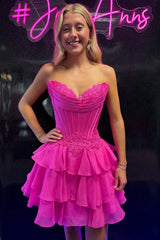 Sweetheart Strapless Corset Homecoming Dress Lace Applique Tiered Ruffle Chiffon Mini